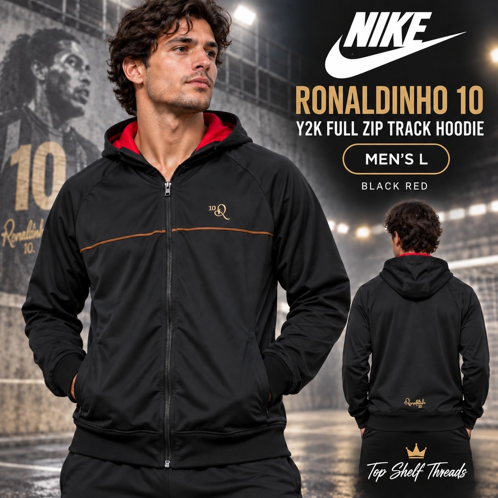 VTG Nike Ronaldinho R10 Men L Black Red Full Zip Hooded Track Jacket Soccer 2008